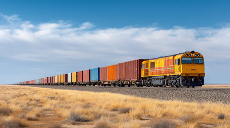 A vibrant cargo train moves through a serene desert landscape, showcasing colorful containers against a clear blue sky, symbolizing efficient transport and vast horizons.の素材