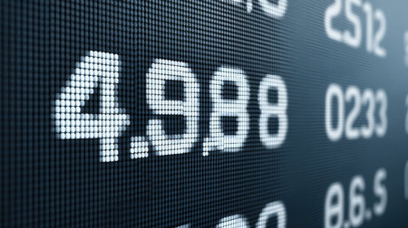 Close-up of a digital display showcasing numeric data on a grid background, perfect for illustrating technology, business analysis, and data visualization themes.の素材