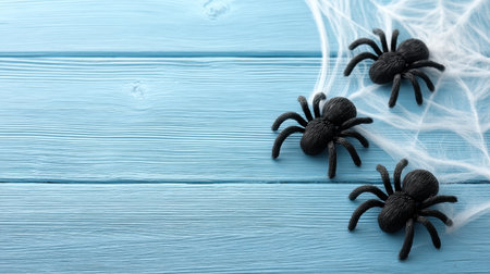 This image features black spiders crawling across a white spiderweb on a blue wooden surface, perfect for Halloween decorations or spooky-themed projects.の素材