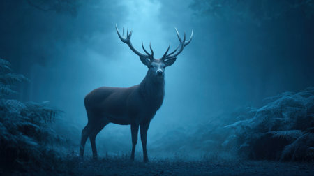 This captivating woodland scene features a majestic deer standing in a misty forest illuminated by a serene blue light, creating an enchanting atmosphere perfect for nature lovers.の素材