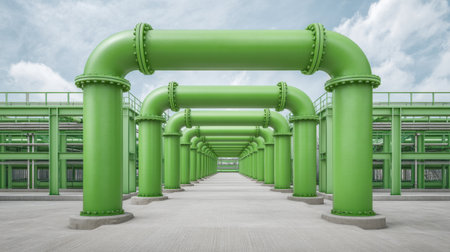 A captivating view of green industrial pipes creating a symmetrical pattern in an urban manufacturing environment, highlighting modern architecture and design.の素材