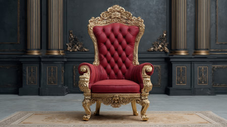 A stunning ornate red throne chair featuring luxurious velvet upholstery, set against a dark interior with elegant columns, perfect for a regal ambiance in any space.の素材
