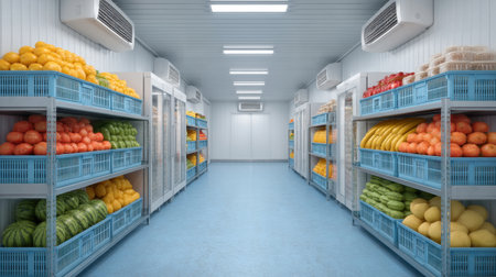 A spacious cold storage room features neatly organized shelves filled with a variety of fresh fruits and vegetables, showcasing the vibrant colors and healthy options available in supermarkets.の素材