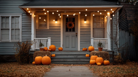 Experience the warmth of autumn with a house porch adorned with pumpkins and twinkling lights, creating a cozy evening atmosphere perfect for gatherings.の素材