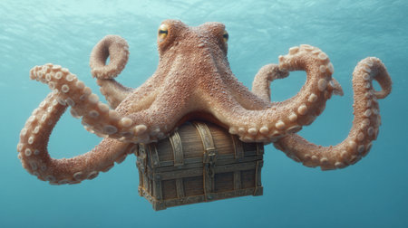 An enchanting underwater scene featuring a majestic octopus holding a glowing treasure chest. The vibrant colors and intricate details create a captivating marine world full of wonder.の素材