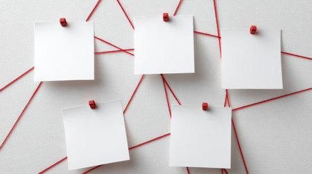 This image showcases a creative workspace featuring blank notes connected by red threads on a wall, symbolizing investigation, organization, and brainstorming ideas.の素材