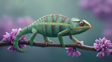 A vibrant green lizard delicately perched on a branch adorned with purple flowers, showcasing nature's beauty in a tranquil, lush environment.の素材
