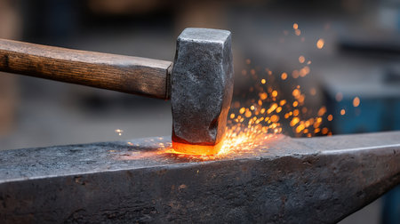 Witness the captivating process of blacksmithing as a skilled artisan shapes glowing steel with a hammer. Sparks fly from the anvil, showcasing the intense craftsmanship involved.の素材