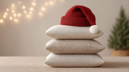 Capture the essence of holiday warmth with this serene interior scene. A stack of pillows topped with a festive red hat, enhanced by twinkling lights, adds charm.の素材