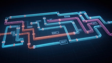This abstract digital illustration features colorful tubes and pipes intertwined in a complex network, highlighting technology and engineering concepts in a futuristic style.の素材