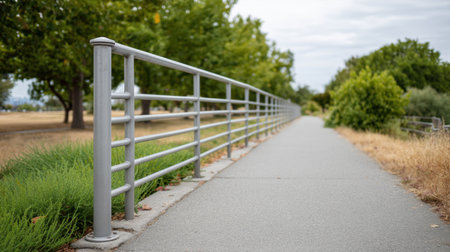 A tranquil park pathway featuring a sleek railing, flanked by vibrant trees and greenery, invites leisurely strolls in a peaceful natural environment.の素材