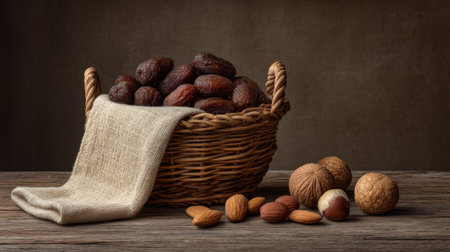 This stunning still life captures the elegance of dried fruits and nuts in a vintage basket, set against a rustic wooden background for a cozy and organic aesthetic.の素材