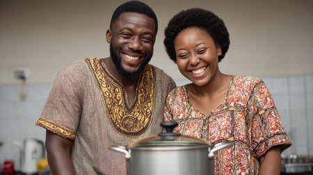 A happy couple stands together in their kitchen, smiling brightly as they prepare a meal. Their joyful expressions reflect love and connection through shared culinary experiences.の素材