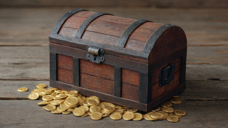 A beautifully crafted wooden treasure chest spills golden coins onto a rustic wooden surface, evoking a sense of adventure and treasure hunting reminiscent of pirate legends.の素材