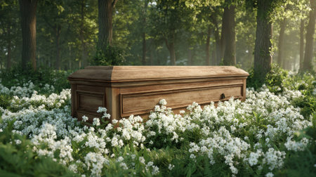 A tranquil wooden casket lays peacefully in a lush green field filled with white flowers, surrounded by tranquil trees, embodying serenity and natural beauty.の素材