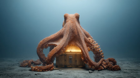 A mesmerizing octopus illuminates a glowing treasure chest, set against a tranquil deep-sea backdrop, evoking a sense of mystery and underwater adventure.の素材
