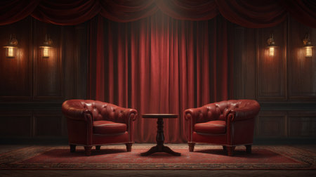 A cozy vintage lounge scene featuring red leather chairs and warm lights, ideal for relaxation and intimate conversations in a classic interior ambiance.の素材