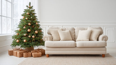 A cozy living room scene featuring a bright Christmas tree with ornaments, a soft sofa adorned with cushions, and neatly wrapped gifts, creating a warm holiday atmosphere.の素材