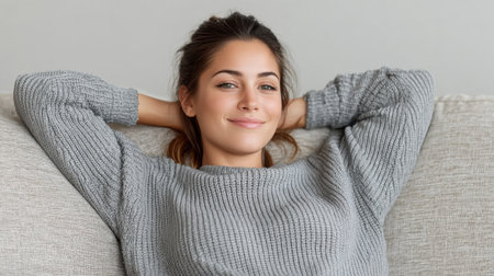 A young woman is lying on a sofa at home, radiating calm and comfort. She enjoys a peaceful moment in a stylish indoor space, embodying relaxation and joy.の素材