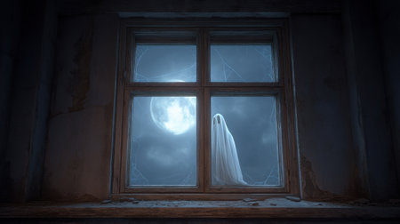 A haunting scene featuring an ethereal figure behind a cracked old window, bathed in moonlight, creating an atmosphere of mystery and solitude.の素材