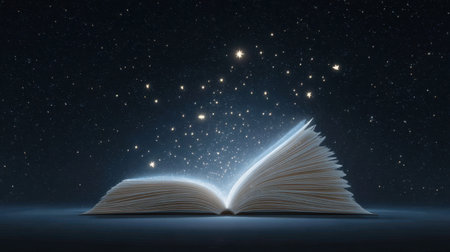 An enchanting open book under a starry night sky, where bright stars illuminate the pages, inviting imagination and wonder while creating a magical atmosphere.の素材