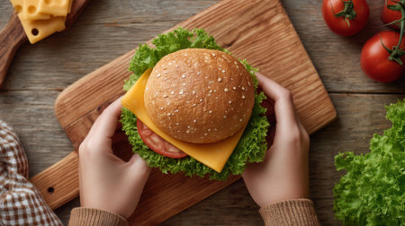 A beautifully assembled turkey sandwich featuring fresh lettuce, juicy tomato, and a slice of cheese, perfect for mealtime inspiration and food photography.の素材