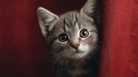 This captivating image features a cute kitten peering out from behind a soft red drape. Its bright eyes and detailed fur create a charming and warm atmosphere.の素材