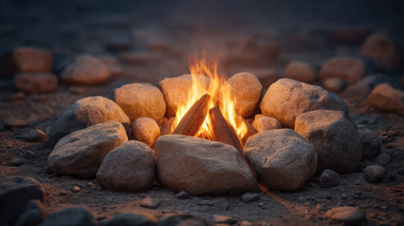 Enjoy a peaceful night in the wilderness with a glowing campfire surrounded by stones, perfect for gatherings and outdoor adventures under the stars.の素材
