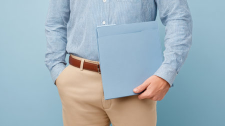 A professional manager carries a blue file folder, ready for an important meeting. The soft blue background emphasizes a calm and organized atmosphere in a business setting.の素材