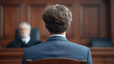 A serious person seated in a courtroom gazes towards the judge, highlighting the solemn atmosphere of legal proceedings and the significance of the moment.の素材