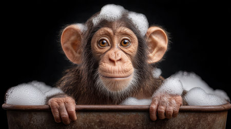 A charming image of a young chimpanzee sitting in a tub filled with bubbles, showcasing its innocent expression and playful nature amidst the foam.の素材