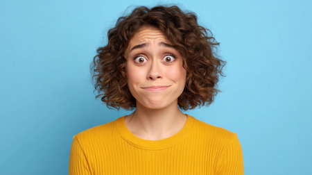 A young woman displays a humorous reaction to a mistake with wide eyes and a sheepish grin, creating a playful and relatable moment. Perfect for capturing emotion.の素材