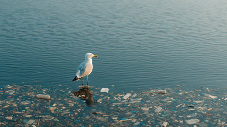 A seagull stands on the edge of drifting plastic waste, illustrating the stark reality of ocean pollution. This image captures the beauty of nature intertwined with human impact.の素材