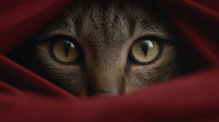 Discover a captivating close-up of a cat's striking eyes peeking through rich crimson fabric folds, showcasing a blend of mystery and beauty in every detail.の素材