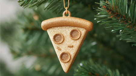 Brighten up your holiday season with this golden pizza slice ornament. Perfect for adding a quirky and cheerful touch to your Christmas tree decor.の素材
