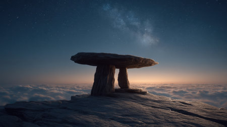 A stunning stone platform rises above a blanket of clouds, showcasing a night sky filled with brilliant stars and nebulae, offering a serene and breathtaking view.の素材