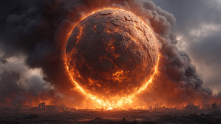 A dramatic portrayal of an apocalyptic scene featuring a massive fiery sphere radiating ominous energy against a backdrop of destruction and smoke, evoking intense emotions.の素材