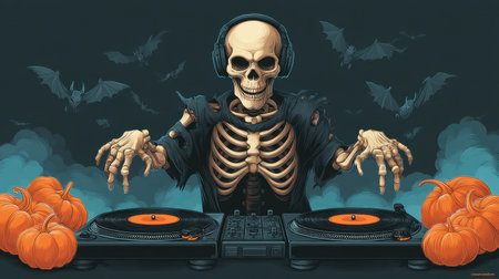 A lively illustration of a skeleton DJ spinning vinyl records surrounded by glowing pumpkins and bats, creating a spooky yet festive Halloween atmosphere perfect for parties.の素材