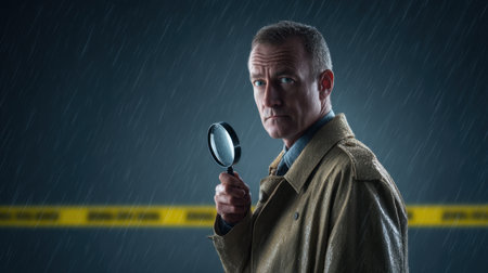 A serious detective examines a clue with a magnifying glass in a rainy night scene. The background features caution tape, enhancing the atmosphere of mystery and investigation.の素材