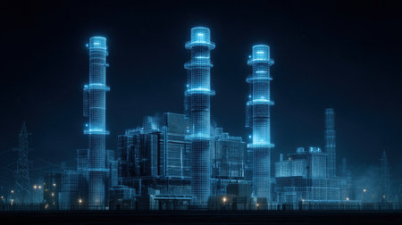 A mesmerizing futuristic power plant illuminated with neon blue lights, featuring a digital overlay. This nighttime scene showcases industrial architecture, blending technology and urban aesthetics.の素材