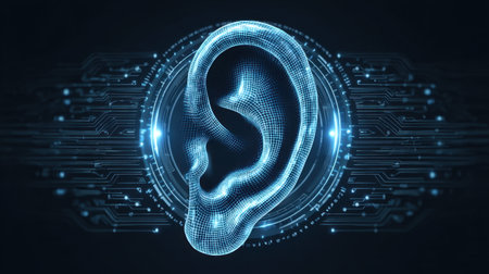 Explore a stunning digital representation of an ear structure, surrounded by glowing circuits that symbolize advanced data technology and futuristic innovations in electronics.の素材