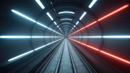 Experience a captivating journey through a futuristic tunnel, illuminated by vibrant neon lights and laser effects, creating a mesmerizing atmosphere of speed and innovation.の素材