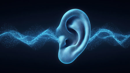 This stunning image features a 3D representation of an ear crafted from pixels, set against a luminous blue background with flowing sound waves, showcasing creativity and digital art.の素材