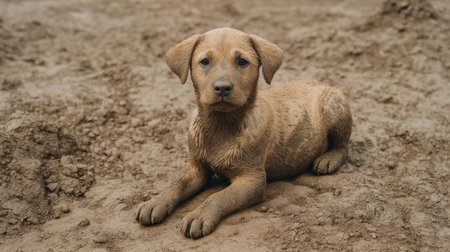This image captures a young dog covered in mud, lying contentedly in a field. The carefree spirit and playful nature create a beautiful, serene moment in nature.の素材