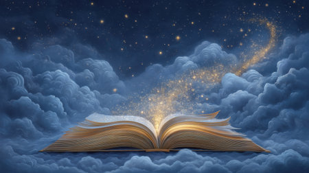 Discover a magical scene featuring an open book with luminous, glowing pages. Ethereal clouds surround it, while a trail of sparkling light ascends into the starry night sky.の素材