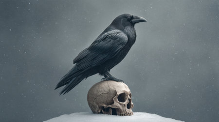 A solitary raven stands majestically atop a skull in a dark, snowy setting, creating a profound sense of mystery and eerie tranquility that captivates the viewer.の素材