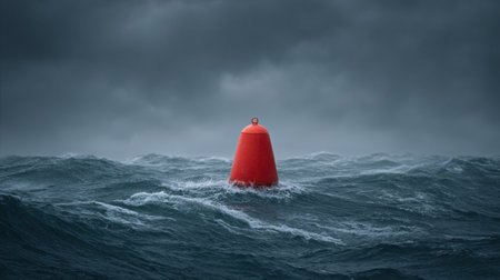 A striking red buoy floats valiantly in a dark ocean, surrounded by turbulent waves. The scene captures the intense atmosphere of a stormy sea, highlighting contrast.の素材