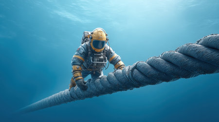 A lone diver in full protective gear navigates a thick rope under the sparkling blue water, showcasing the beauty and challenges of deep-sea exploration.の素材