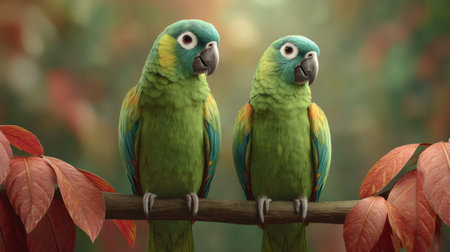 A captivating image of two vibrant green birds perched on a branch, surrounded by lush green and red leaves, creating a stunning natural setting full of life.の素材
