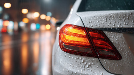 A captivating close-up image of a car taillight adorned with water droplets, captured on a rainy night. Urban reflections dance on the wet asphalt, creating a vivid nightlife atmosphere.の素材